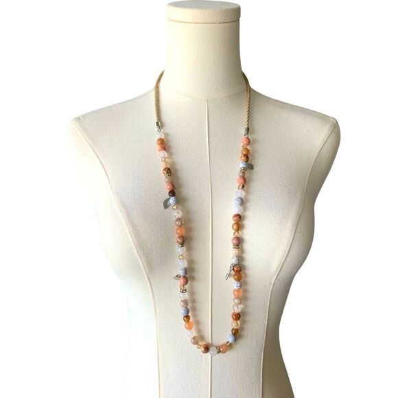 Chico’s Beaded Rhinestone Rope Charm Necklace Multi-Color Marble Crackle 36”+4”L - Picture 1 of 12